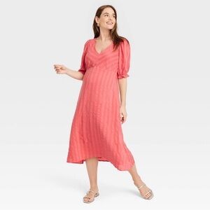 The Nines by HATCH Elbow Sleeve Tonal Maternity Dress Striped Coral Midi Med NWT